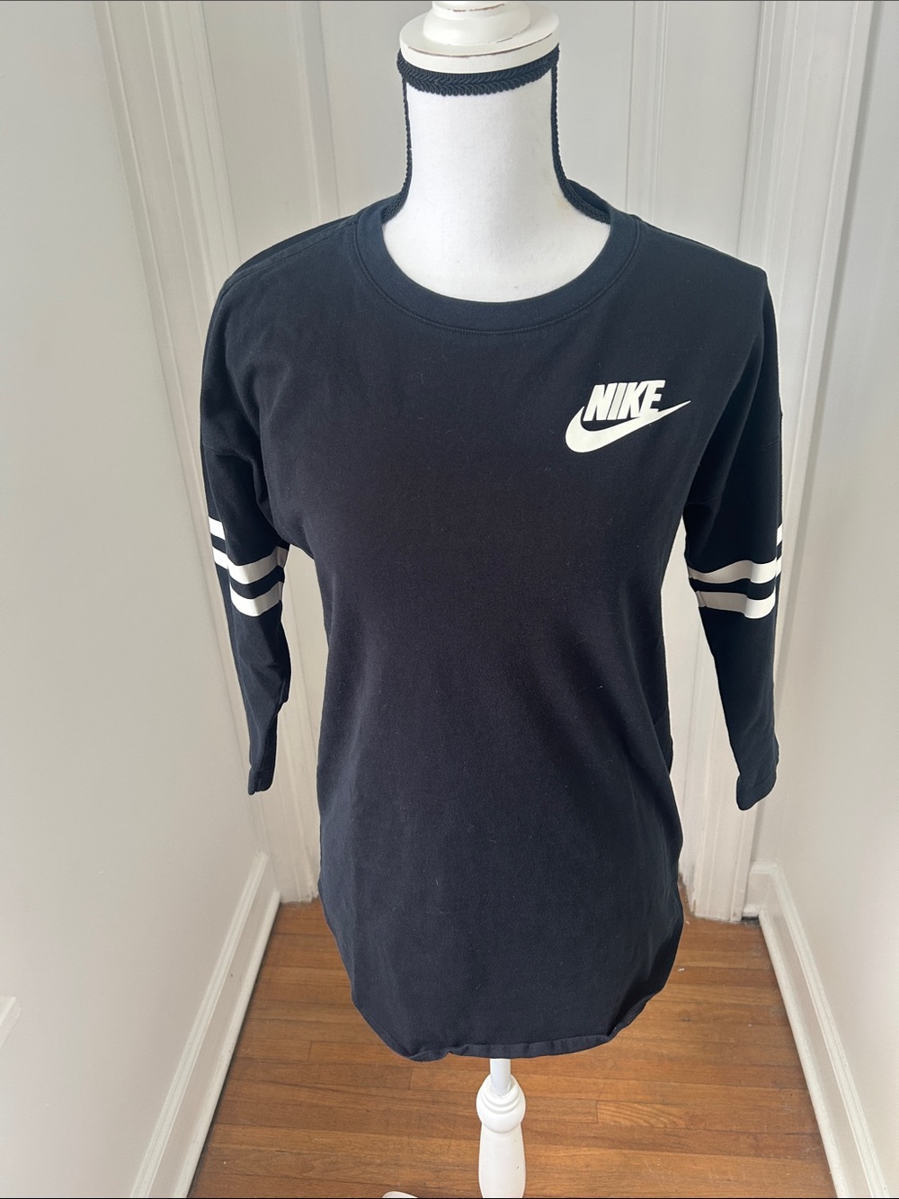 Nike Black Long Sleeve Shirt with White Swoosh and Stripe Accents
